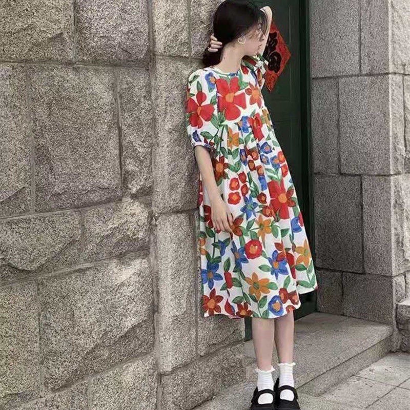 Mùa hè năm 2021 mới kích thước lớn tay áo phồng váy kiểu Pháp cổ điển in váy dài váy dài giữa phụ nữ rộng rãi | BigBuy360 - bigbuy360.vn