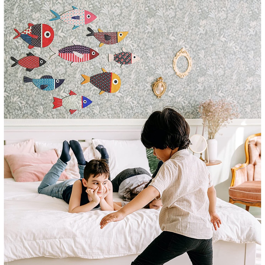 Bộ tranh Cá gỗ decor dán tường cao cấp  trang trí phòng khách, phòng ngủ, tranh cá treo tường gắn sẵn băng dín