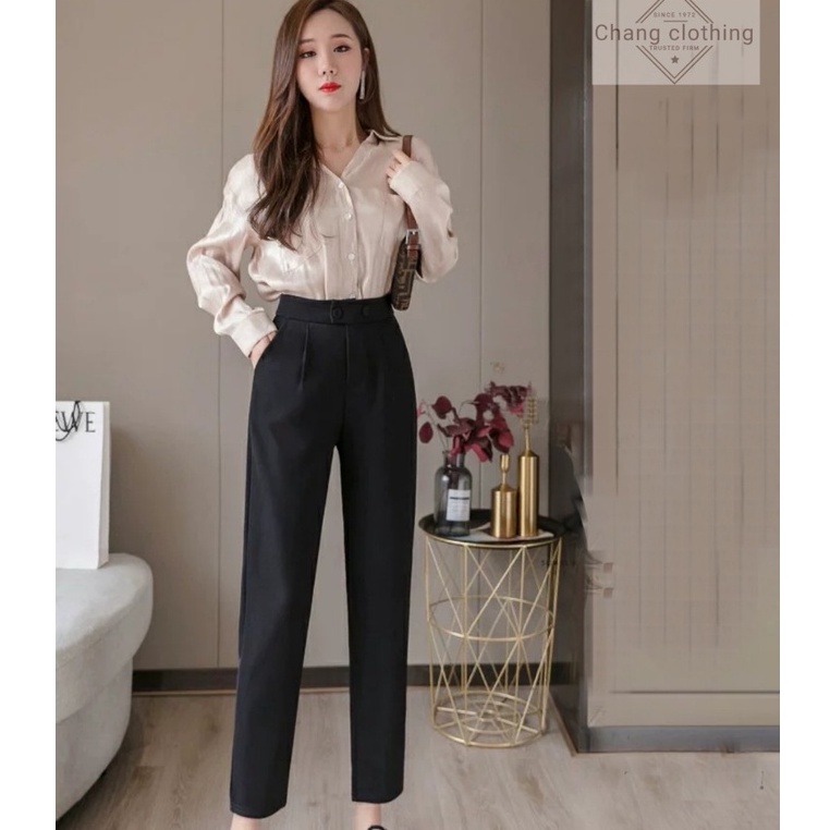 Quần tây baggy nữ lưng cao công sở dáng dài ống đứng kèm đai 2 nút bấm màu đen vải mềm - Quần vải nữ đi học sinh cạp cao