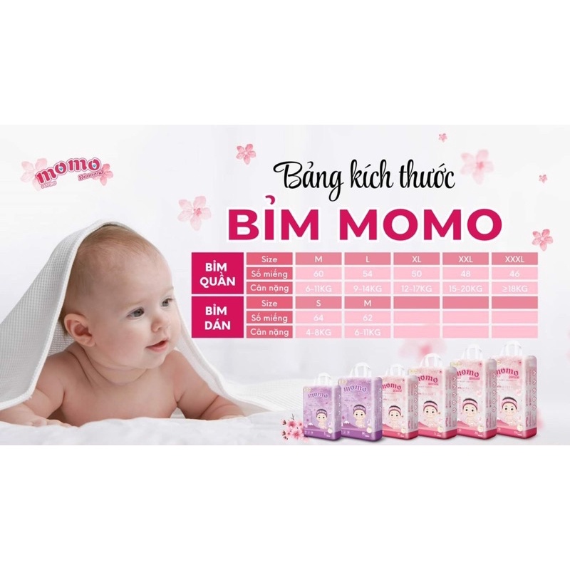 [Lỗi 1 đổi 1] Bỉm Momo Diamond Organic dán/quần S64/M62/M60/L54/XL50/XXL48/XXXL46