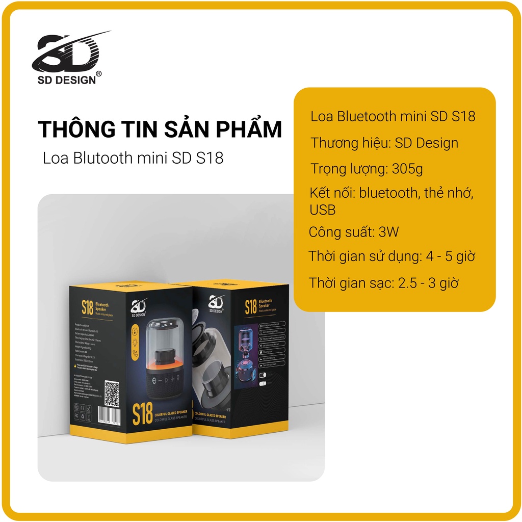 Loa Bluetooth Mini S18 Không Dây Chính Hãng SD Design Nghe Nhạc Hay Đèn Led Sống Động Hỗ Trợ Cắm Thẻ Nhớ Và Usb