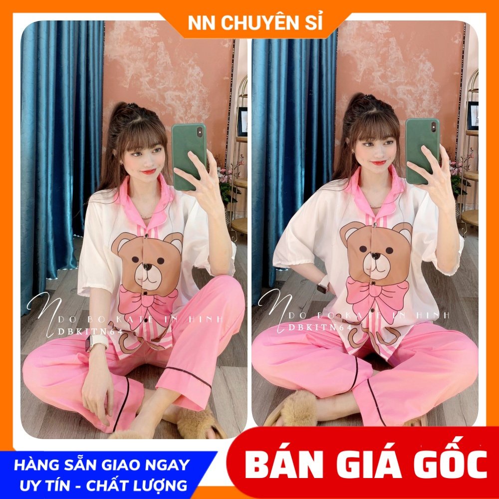 Đồ bộ nữ mặc nhà tay dơi phom 60kg chất kate mềm mát in hình gấu hoạt hình dễ thương DBKIHTN64