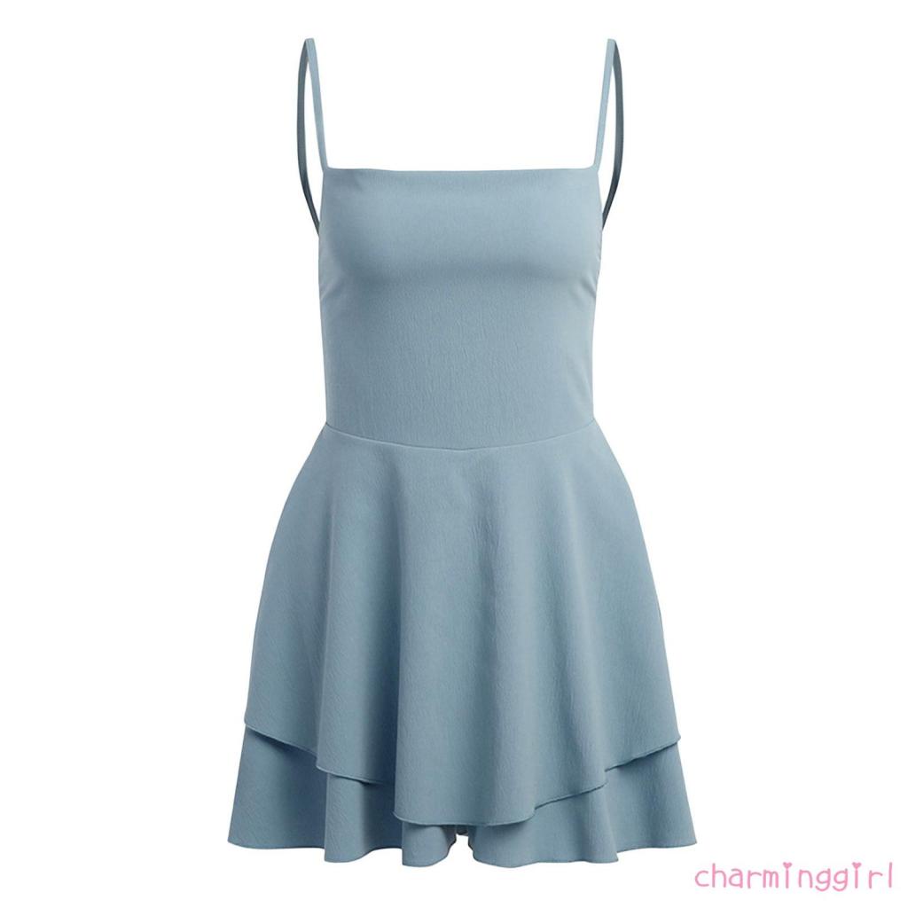 Chm- Jumpsuit Hai Lớp Màu Trơn Hở Lưng Có Dây Cột Cho Nữ
