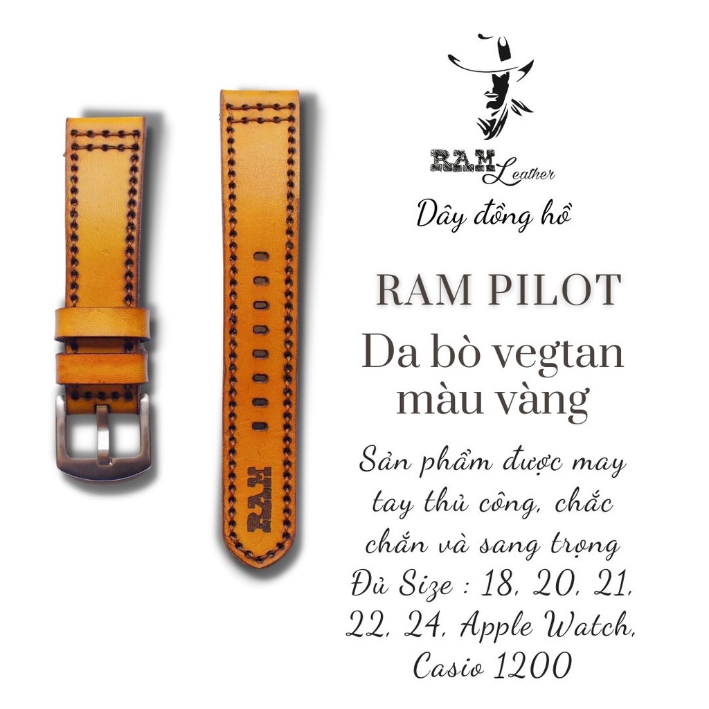 Dây đồng hồ RAM Leather vintage da bò Italia Vegtan Pilot màu vàng kiểu phi công