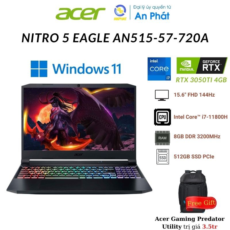 [Mã ELBAU7 giảm 7%] Laptop Acer Gaming Nitro 5 Eagle AN515-57-720A (Core™ i7-11800H + RTX 3050 Ti 4GB )