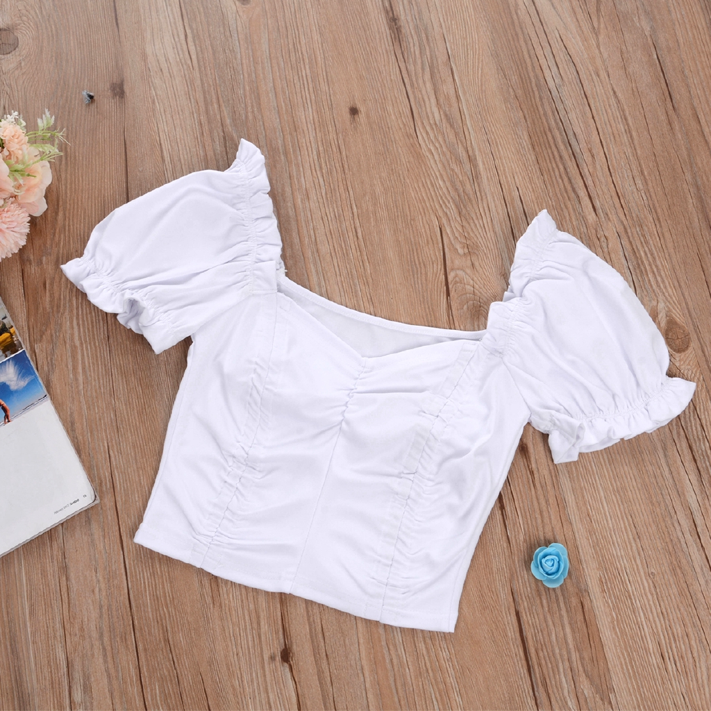 Áo Croptop Tay Phồng Cổ Chữ V Màu Trơn Thời Trang Công Sở Dành Cho Nữ