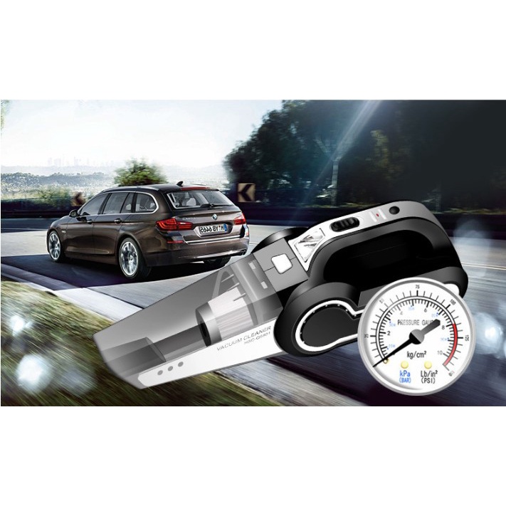 Máy hút bụi xe hơi đo áp suất lốp xe có đèn chiếu sáng công suất cao 4 trong 1 đa năng