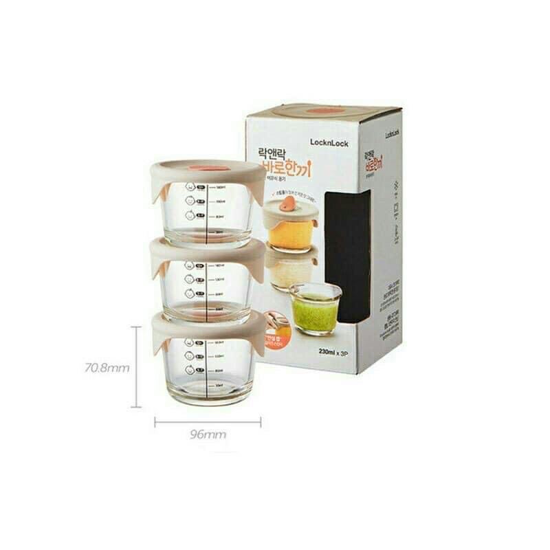 Set 3 hộp thuỷ tinh chia vạch lock&lock đựng thức ăn cho bé