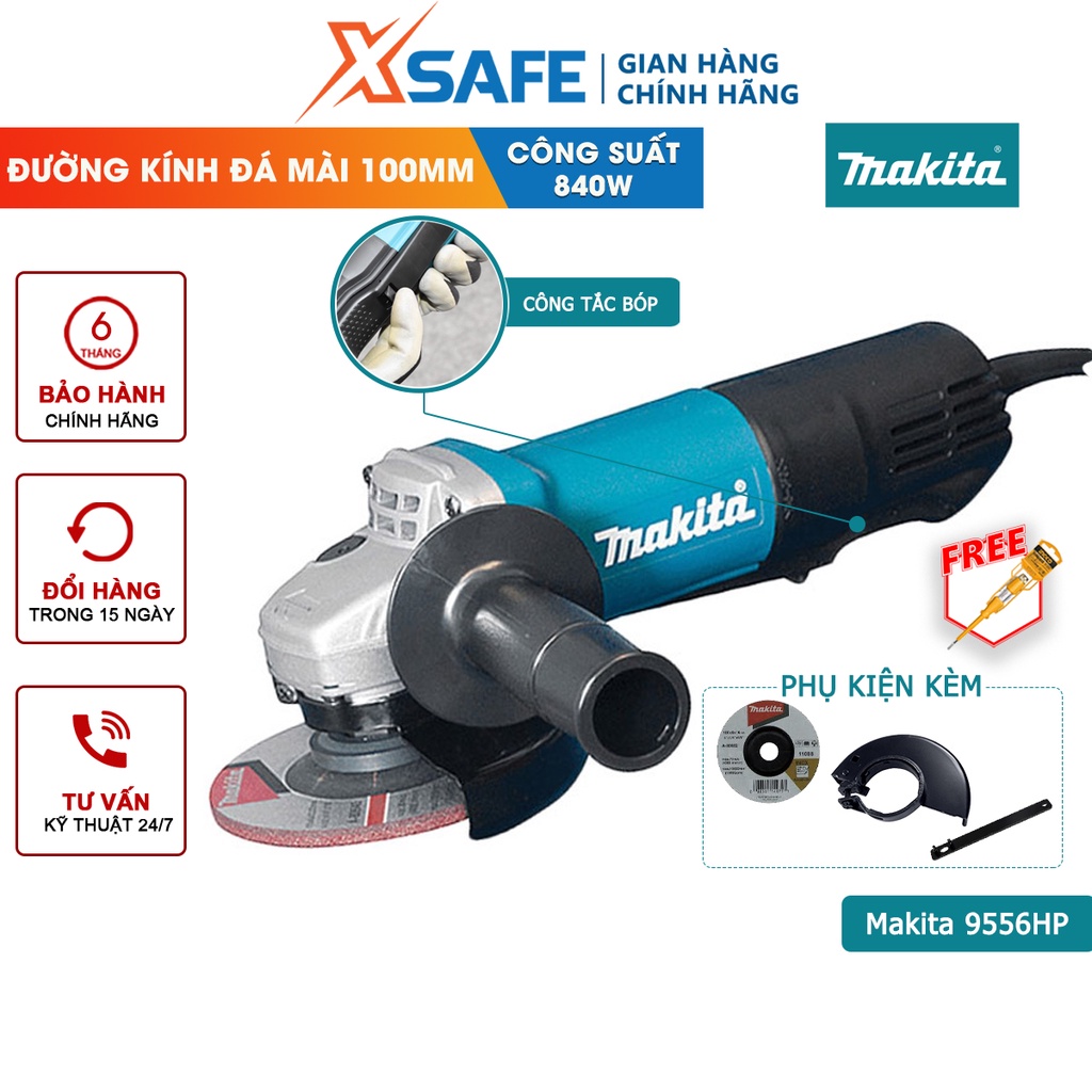 Máy mài góc cầm tay Makita 9556HP công tắc bóp, công suất 840W, tốc độ không tải 11000 rpm, dây dẫn điện 2m - xsafe