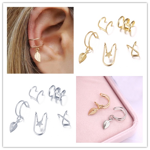 Set 5 Khuyên Kẹp Sụn Tai Chữ C Hai Lớp Không Cần Xỏ Lỗ Phong Cách Bohemia