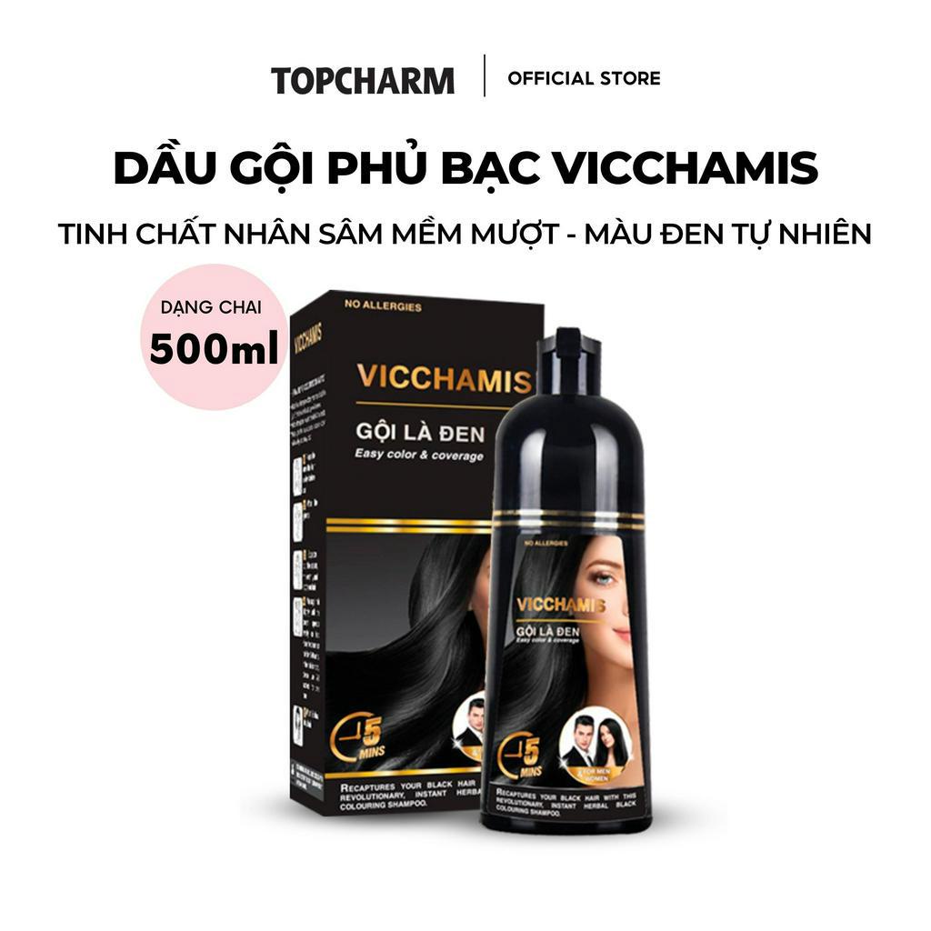 Dầu gội phủ bạc VICCHAMIS màu đen, dầu gội nhân sâm GỘI LÀ ĐEN mềm mượt tóc - Chai 500ml
