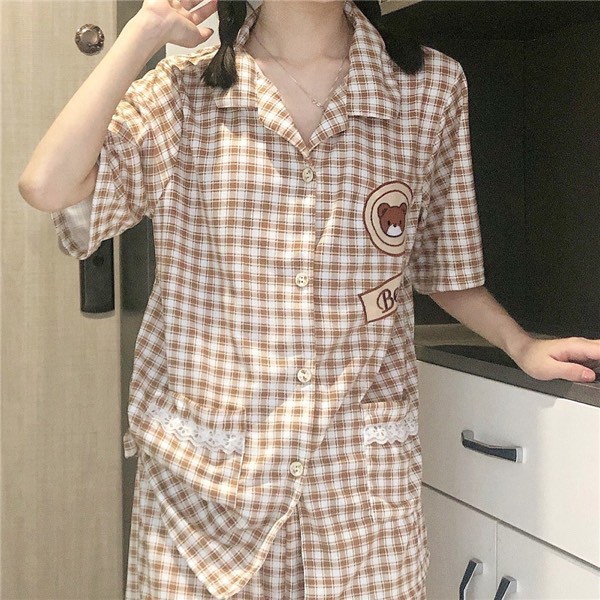 Bộ ngủ Pijama kẻ ô gấu bear 2 túi vải cotton | BigBuy360 - bigbuy360.vn