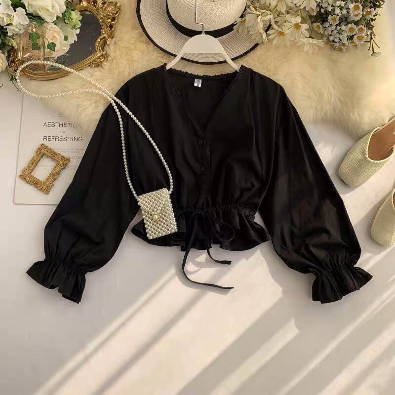 [Mã FAMAYWA giảm 10K đơn 50K] áo nữ tay dài ống loe kiểu cổ V viền dây cột eo kèm ảnh thật cuối | BigBuy360 - bigbuy360.vn