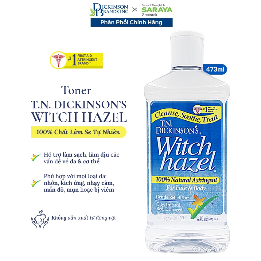 Toner T.N Dickinson's Witch Hazel 100% Natural Astringent For Face & Body, Làm Dịu Da Mặt & Cơ Thể - 237ml và 473ml