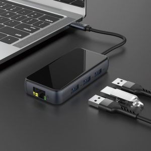 HUB CHUYỂN ĐỔI HOCO HB16 TYPE-C SANG USBX3 + HDMI + PD + RJ45 - Hàng Chính Hãng
