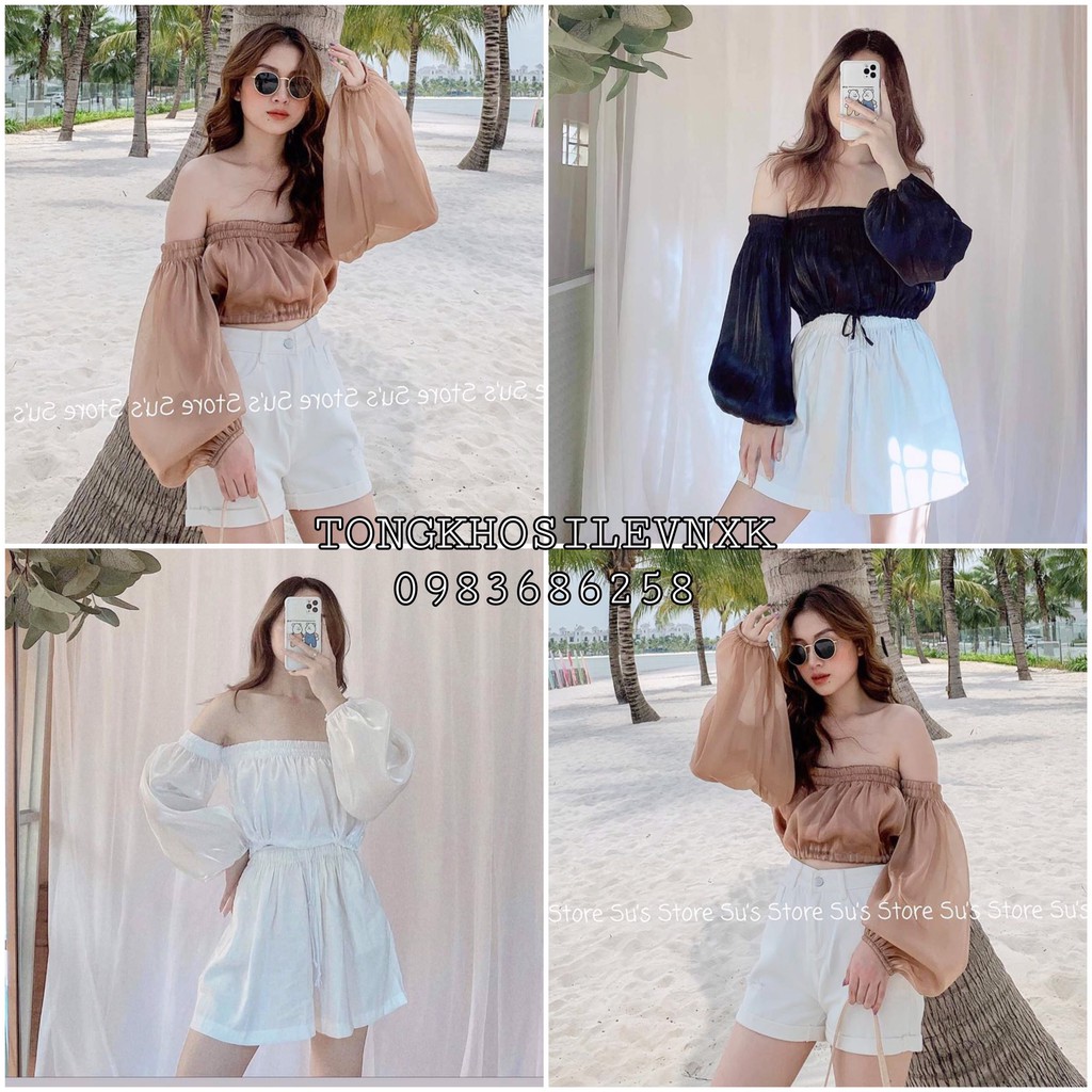 ÁO TRỄ VAI CROPTOP ORGANZA VOAN TƠ BE ĐEN TRẮNG - ÁO CROPTOP TRỄ VAI DÀI TAY GIẤY XƯỚC ULZZANG