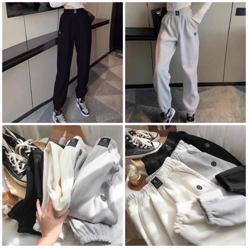 Quần jogger tăm logo mặt cười bo gấu nữ - Nỉ ống boom cạp chun dáng dài phong cách đường phố vintage ulzzang