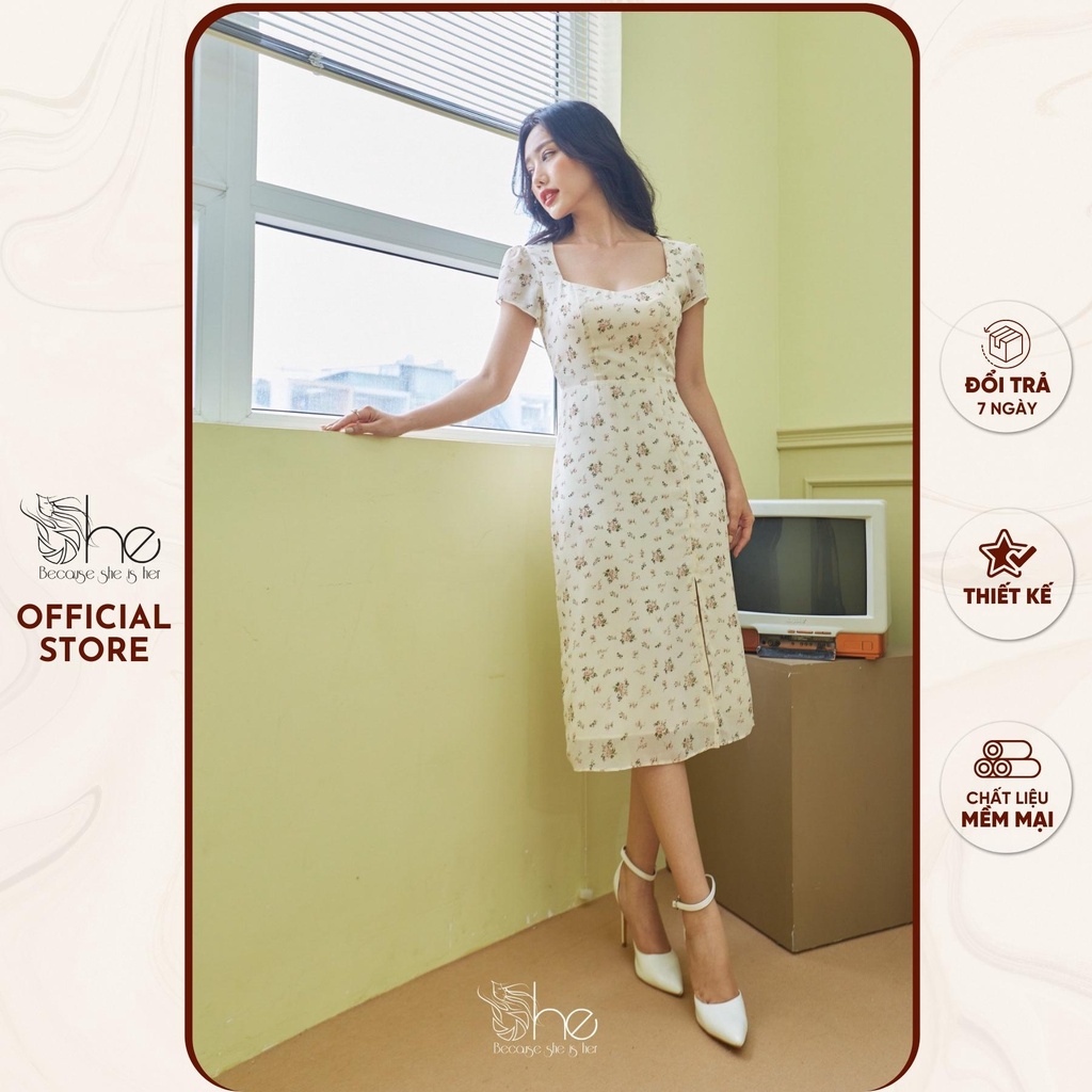 Váy đầm hoa nhí suông xẻ tà She, váy hoa voan cột dây lưng thanh lịch SDX128