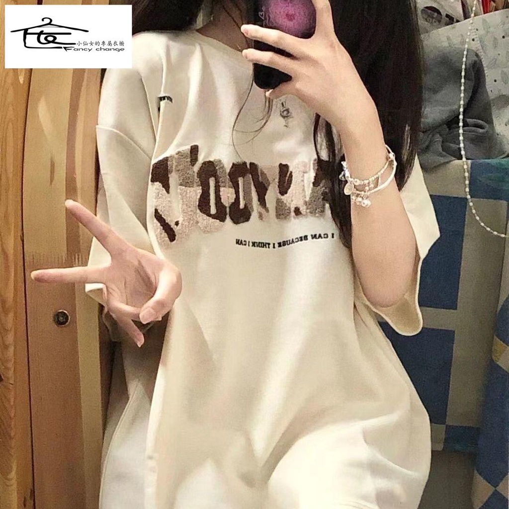 Áo Thun 100% Cotton Nguyên Chất Tay Ngắn Dáng Rộng In Chữ Thời Trang Xuân Hè Hàng Mới Phong Cách Đường Phố Cho Nữ