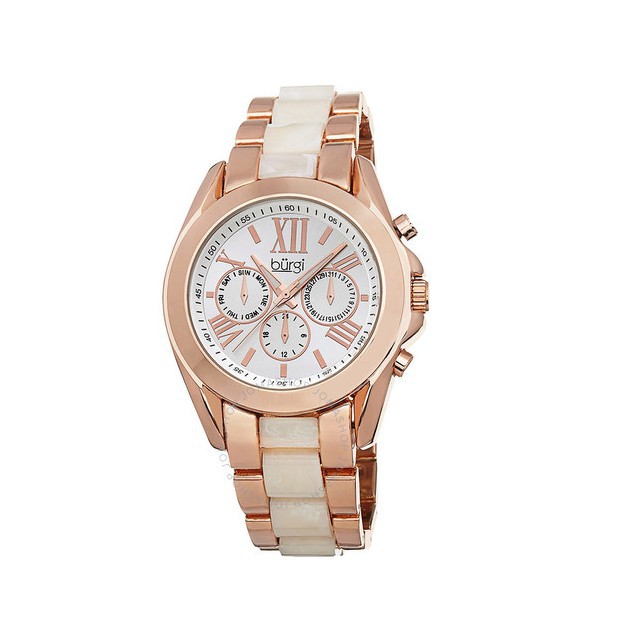 Đồng hồ nữ BURGI Multi-Function Silver-tone Dial Rose Gold-tone and Horn Resin Ladies Watch