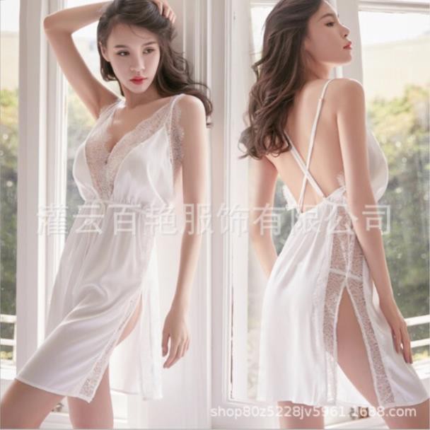 Váy Ngủ Sexy Satin Viền Ren Eo Thun Dây Chéo Hở Lưng 1442