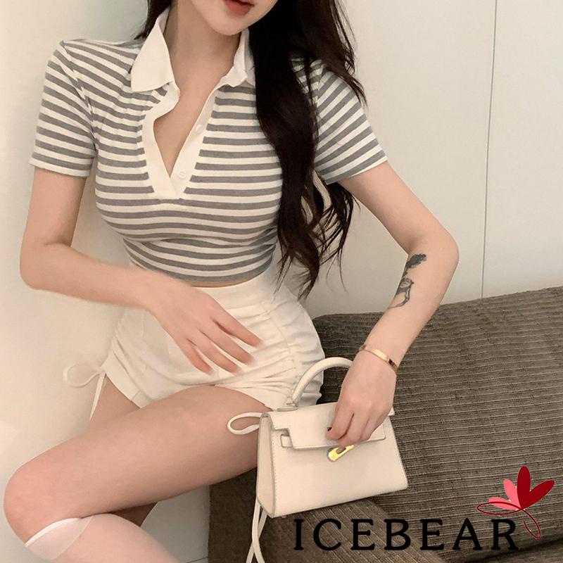 ICE-Women’s Short Sleeve T-shirt Stripe Print Button Lapel Exposed Navel Tops