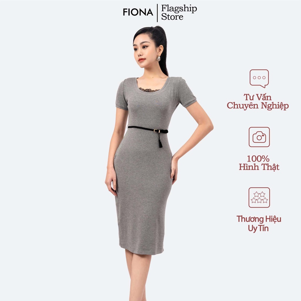 Đầm body nữ cổ tròn Fiona, Váy ôm dáng dài phối ren thắt đai eo F421205