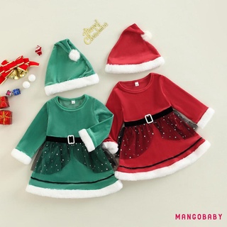 Mg-baby Girl 2 Bộ Trang Phục Giáng Sinh, Váy Viền Sang Trọng Dài Tay + Bộ Mũ Ông Già Noel
