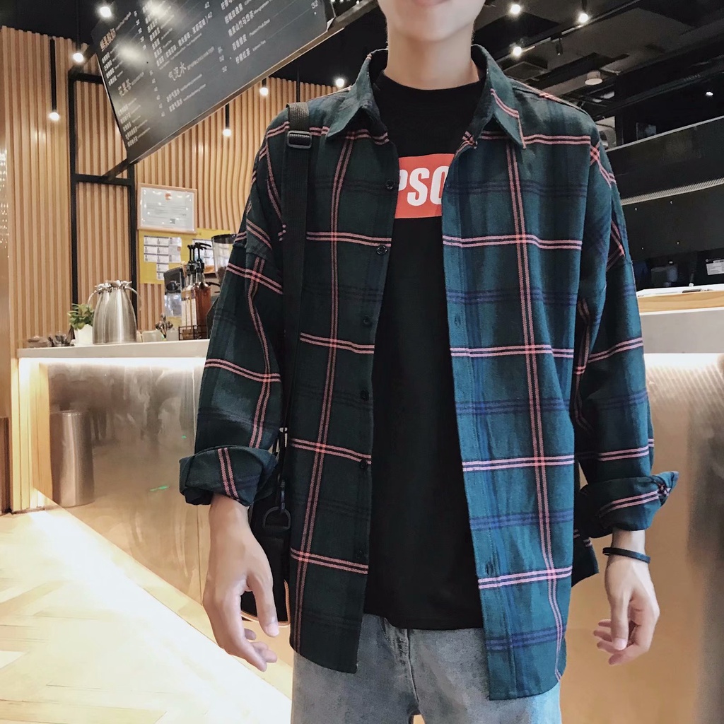 Áo sơ mi caro mi kẻ sọc nam dài tay phong cách Hàn Quốc flannel nam set sơ mi quần âu cho nam