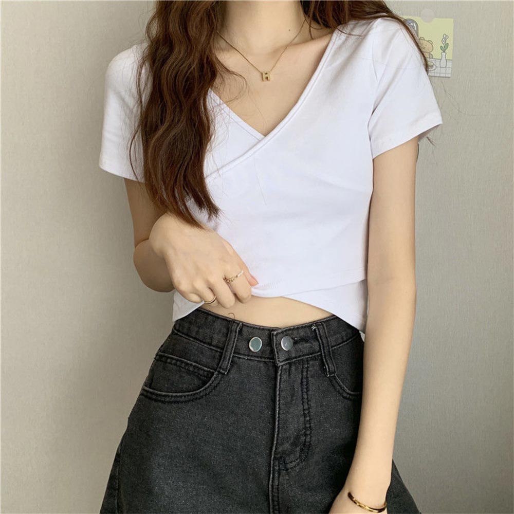 Áo thun cotton tay ngắn cổ chữ v màu trơn mềm mại thời trang mùa hè cho nữ
