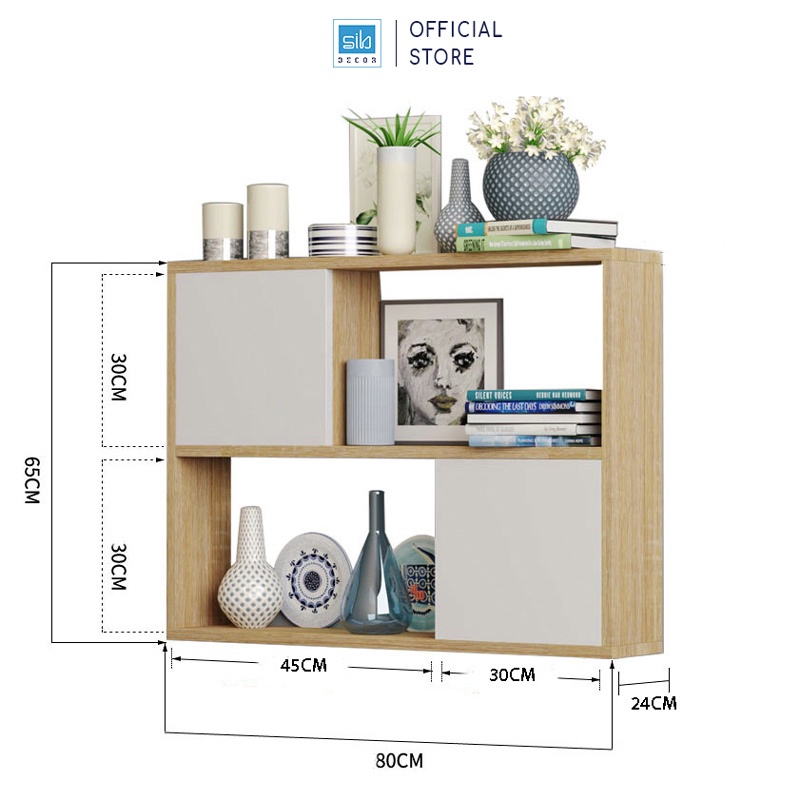 Kệ Gỗ Treo Tường 2 Tầng 2 Cánh Tủ Màu Trắng Và Sồi Hiện Đại Thương Hiệu SIB Decor