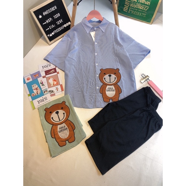 [Chuyên Sỉ] Bộ gấu ngố sơmi chất lụa, hình gấu thêu nổi, chất vải không nhăn quần co dãn, đi làm đi chơi đều xinh.