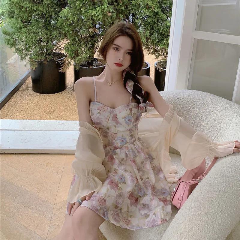 Bộ áo khoác cardigan + đầm hai dây họa tiết hoa thời trang mùa hè 2022 cho nữ (có bán lẻ)