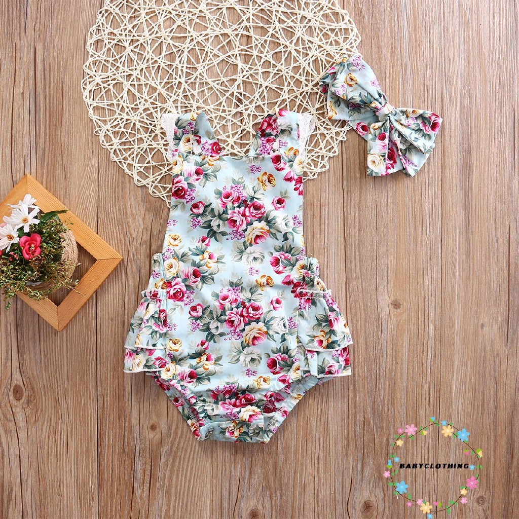 Bộ Áo Liền Quần In Hoa Dễ Thương Cho Bé Gái
