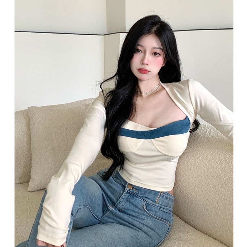 Áo thun COZOK tay dài cổ vuông form ôm phối màu tương phản thời trang