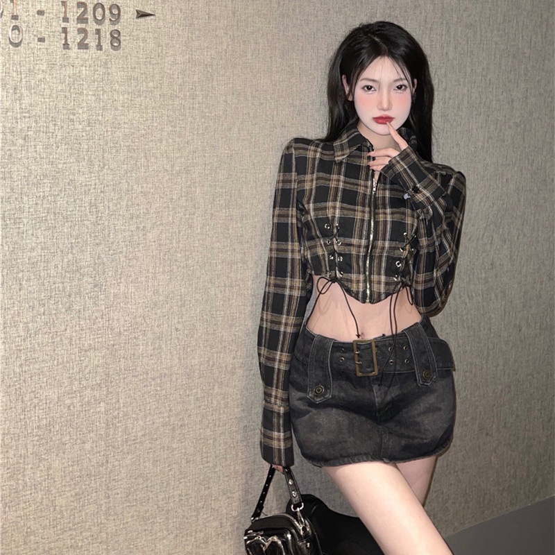 Áo sơ mi lửng tay dài cổ bẻ dáng ôm họa tiết sọc caro thời trang quyến rũ cho nữ