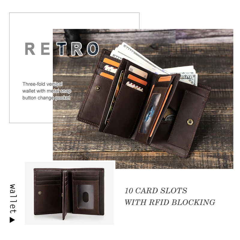 Youyo Ví Ngắn Gập Ba Bằng Da Bò Có Ngăn Đựng Thẻ Tín Dụng RFID Chống Trộm Vintage Cho Nam