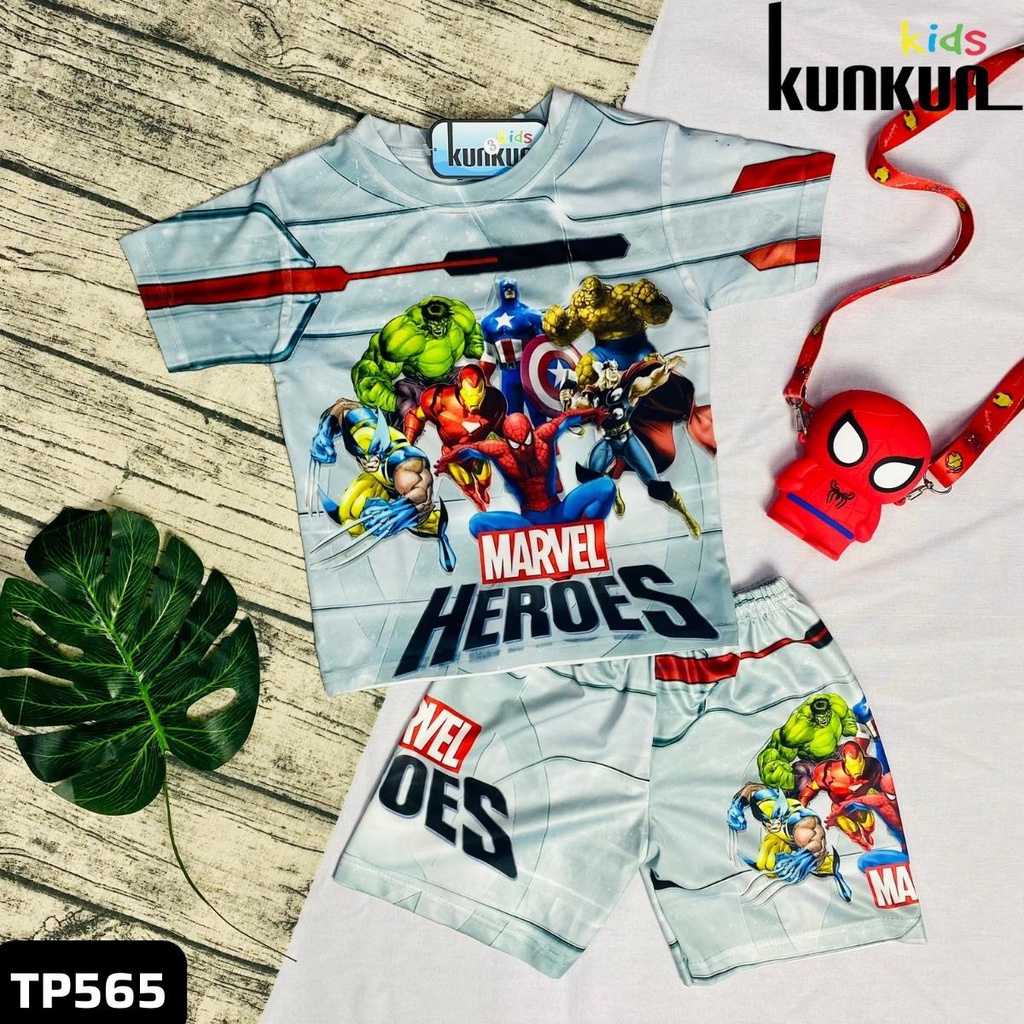Quần áo bé trai KUNKUN KID TP565 in 3D siêu anh hùng marvel cộc tay size đại 10-60kg - Đồ bộ trẻ em thun lạnh co giãn