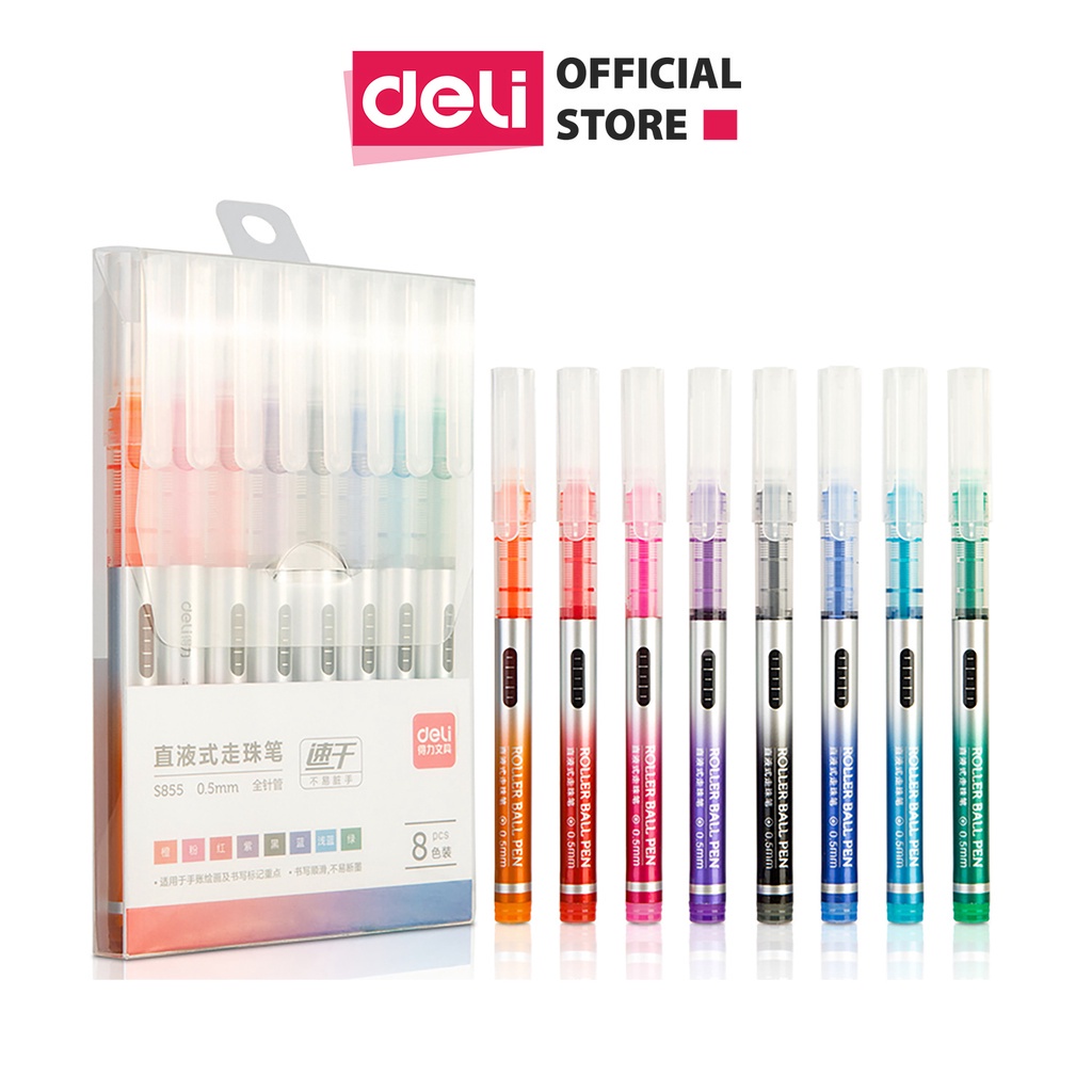 Bộ 8 bút gel nhiều màu Deli ngòi 0.5mm trơn tru lâu hết mực dùng để viết Caligraphy liner đi nét bullet jourrnal S855