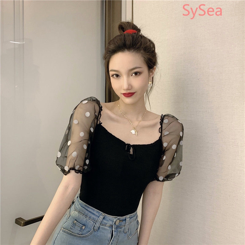 Áo Kiểu Tay Phồng Phối Lưới Họa Tiết Chấm Bi Xinh Xắn Thời Trang Cho Nữ