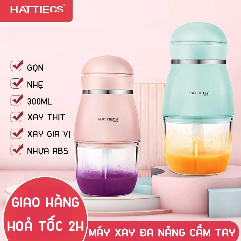 Máy Xay Sinh Tố Mini Cầm Tay Đa Năng Hattiecs Chuyên Dụng Xay Đồ Cho Bé Ăn Dặm, Cối Thủy Tinh Dung Tích 300ml An Toàn.