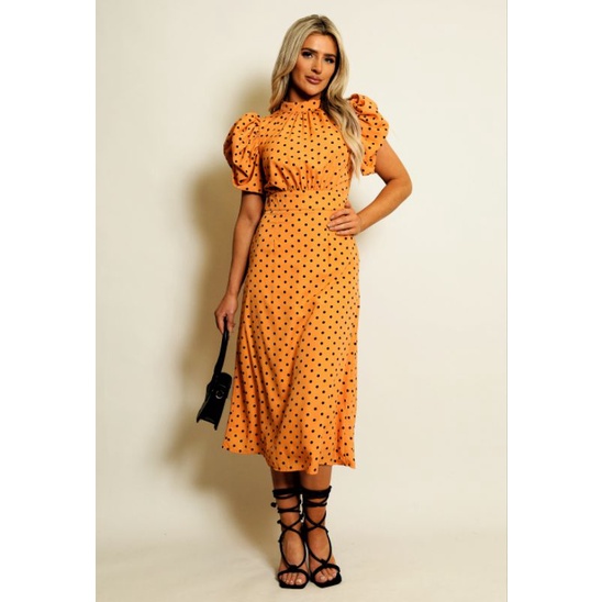 Đầm midi ADRIENNE VITTADINI lụa satin cổ tròn tay ngắn phồng dúng ngực chấm bi trắng đen, cam đất xanh navy