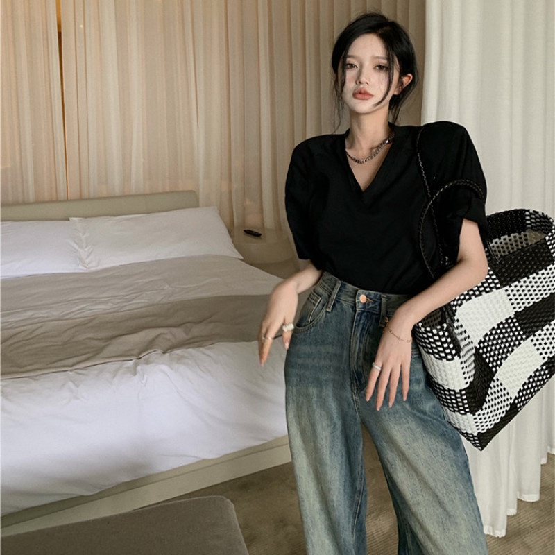 Áo Kiểu Tay Ngắn Cổ Chữ V Form Rộng Kiểu Dáng Đơn Giản