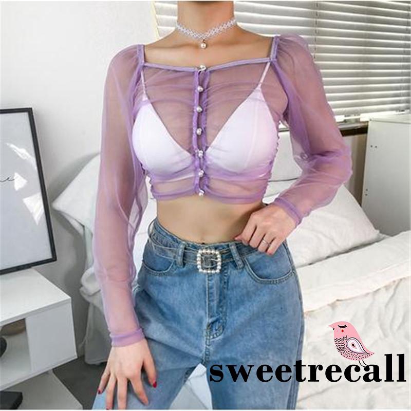 Áo Croptop tay dài phối lưới xuyên thấu thời trang