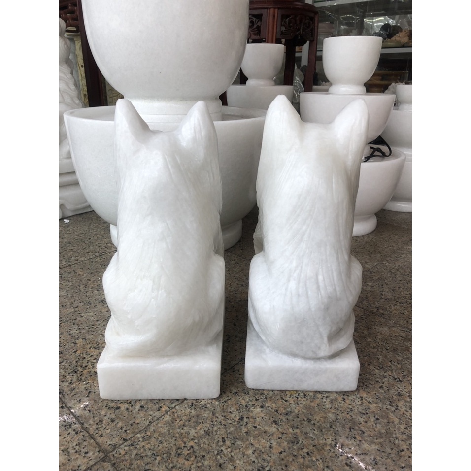 Cặp tượng chó đá phong thủy đá trắng gác cổng - Cao 30 cm