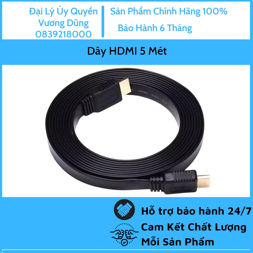 Dây HDMI - Cáp HDMI 5 mét - Màu đen, loại dẹt - Full HD - Bảo hành 6 tháng