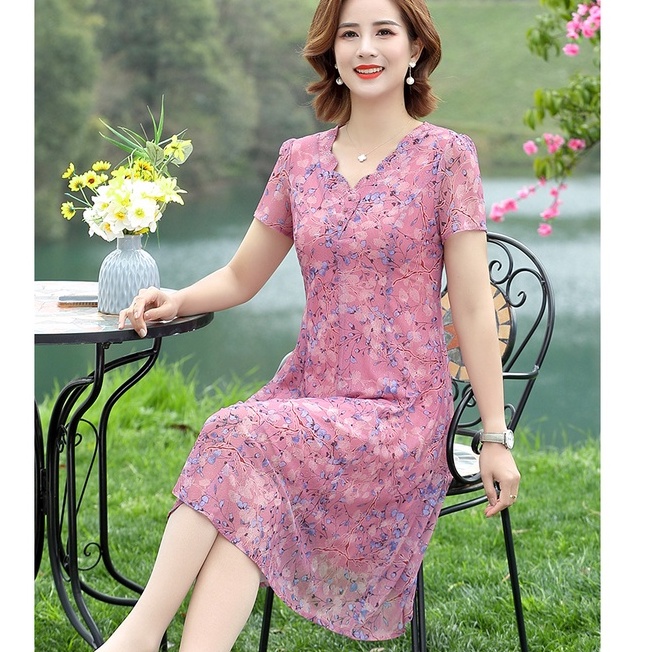 Đầm Chiffon In Hoa Thời Trang Mùa Hè Cho Phụ Nữ Trung Niên 40-50 Tuổi