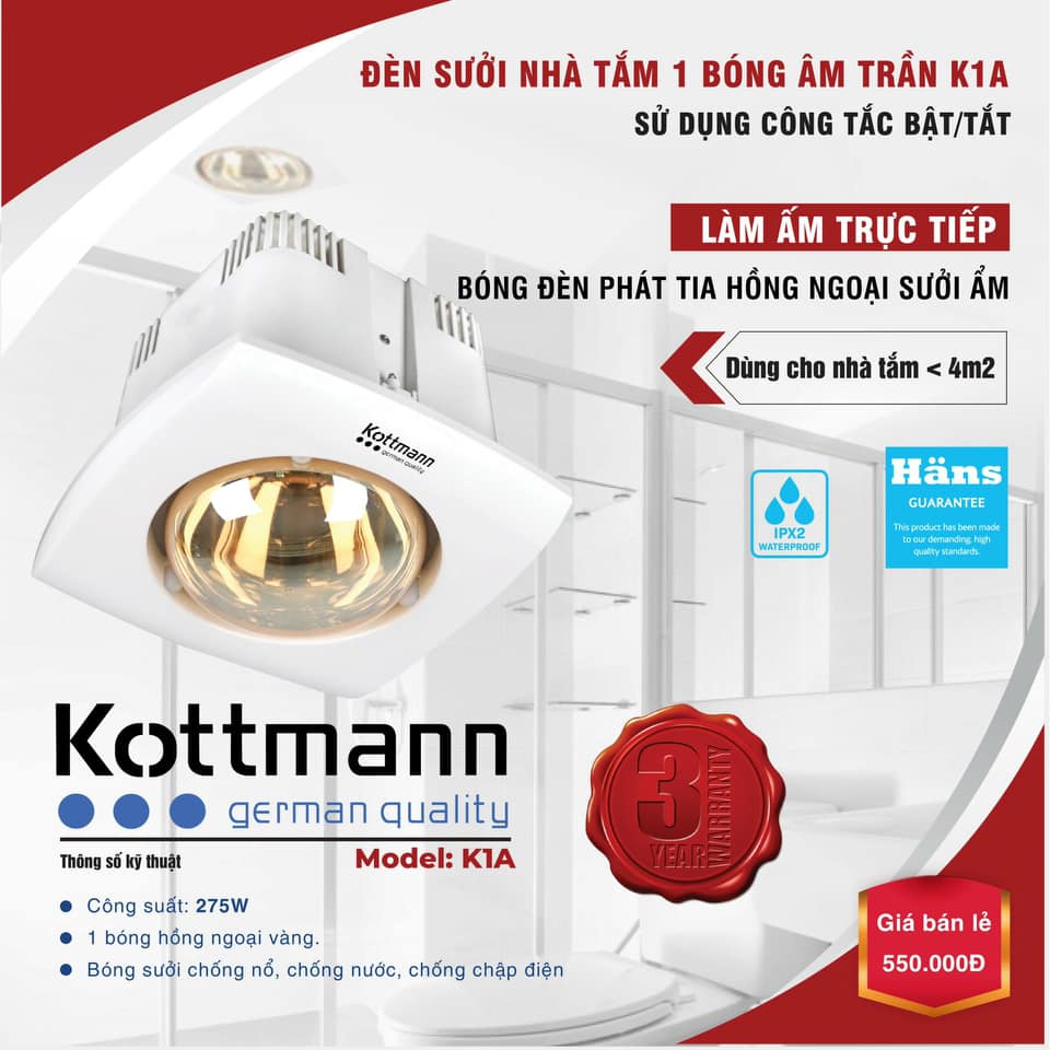 Đèn sưởi nhà tắm 1 bóng âm trần Kottmann K1 - 20 x 20 cm