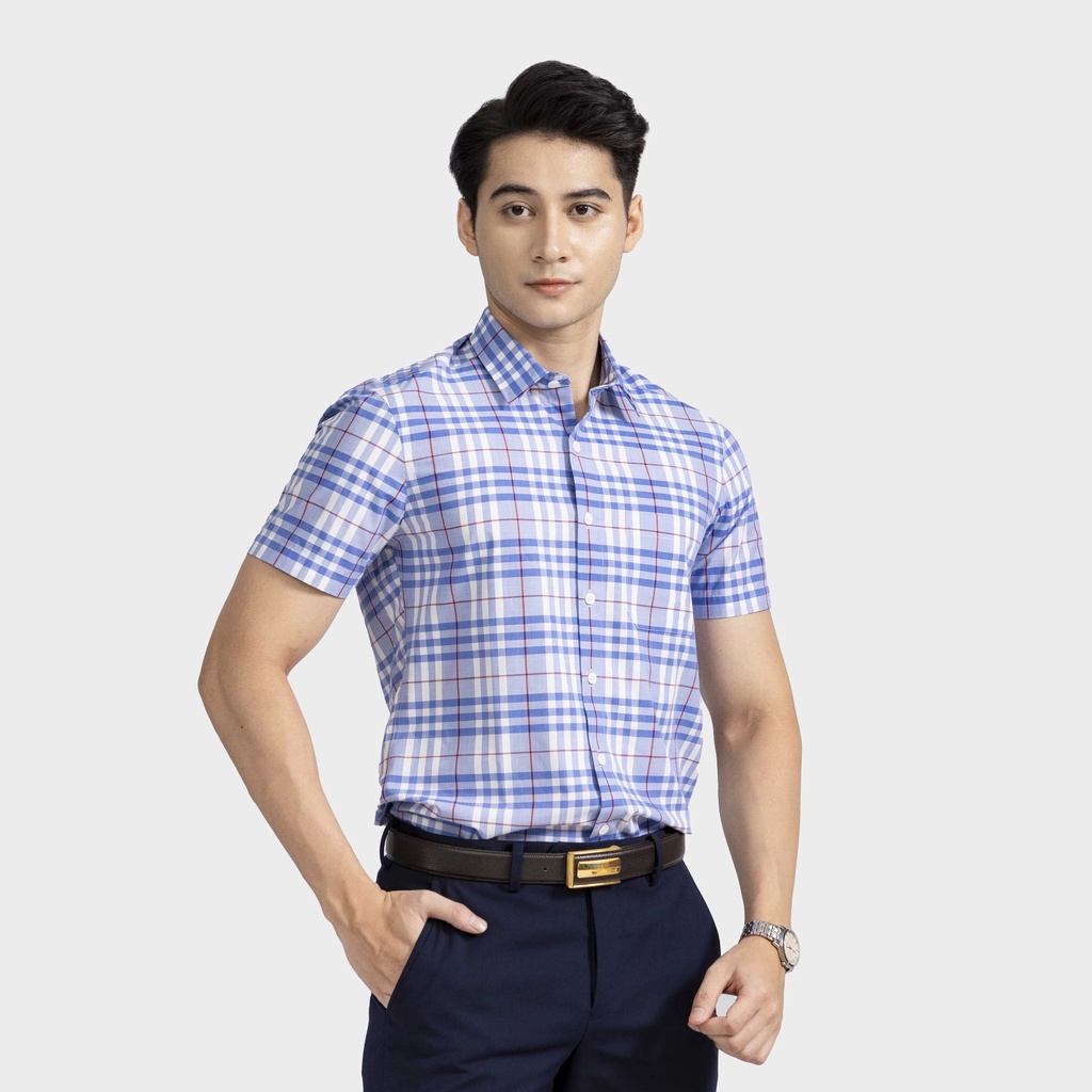 [MẪU MỚI] Áo sơ mi nam ngắn tay ARISTINO họa tiết xanh kẻ đỏ nam tính, lịch lãm- ASS182S2