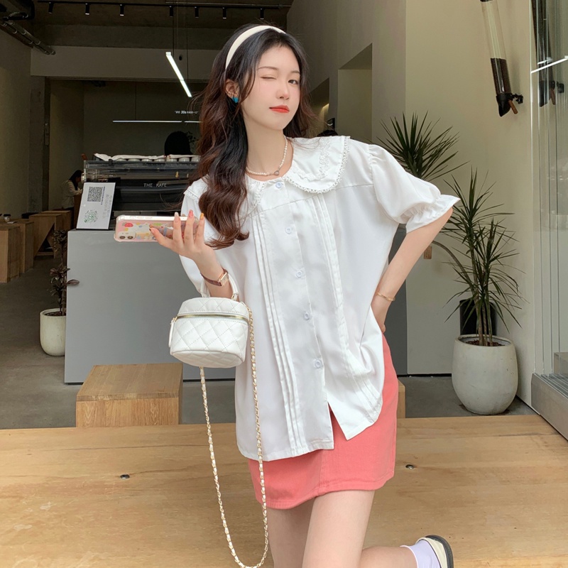 SUXI Áo Sơ Mi Ngắn Tay Cổ Búp Bê Màu Sắc Đơn Giản Thời Trang Mùa Hè Cho Nữ